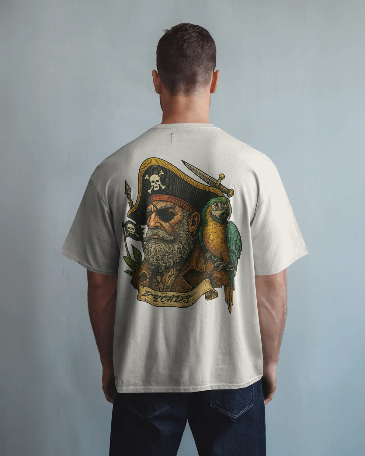 Vintage Pirate Captain Oversized T-Shirt – Parrot & Skull Art by Bycads