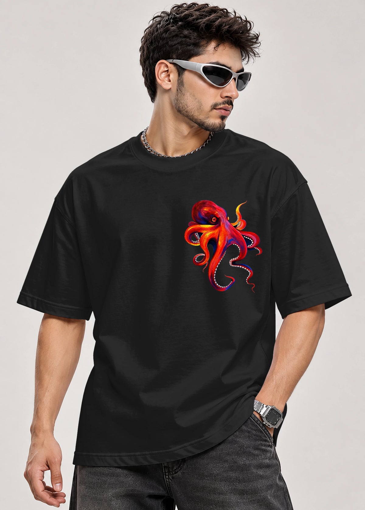 BYCADS Octopus Oversized Black T-Shirt | 100% Cotton 240 GSM Unisex Graphic Streetwear Tee