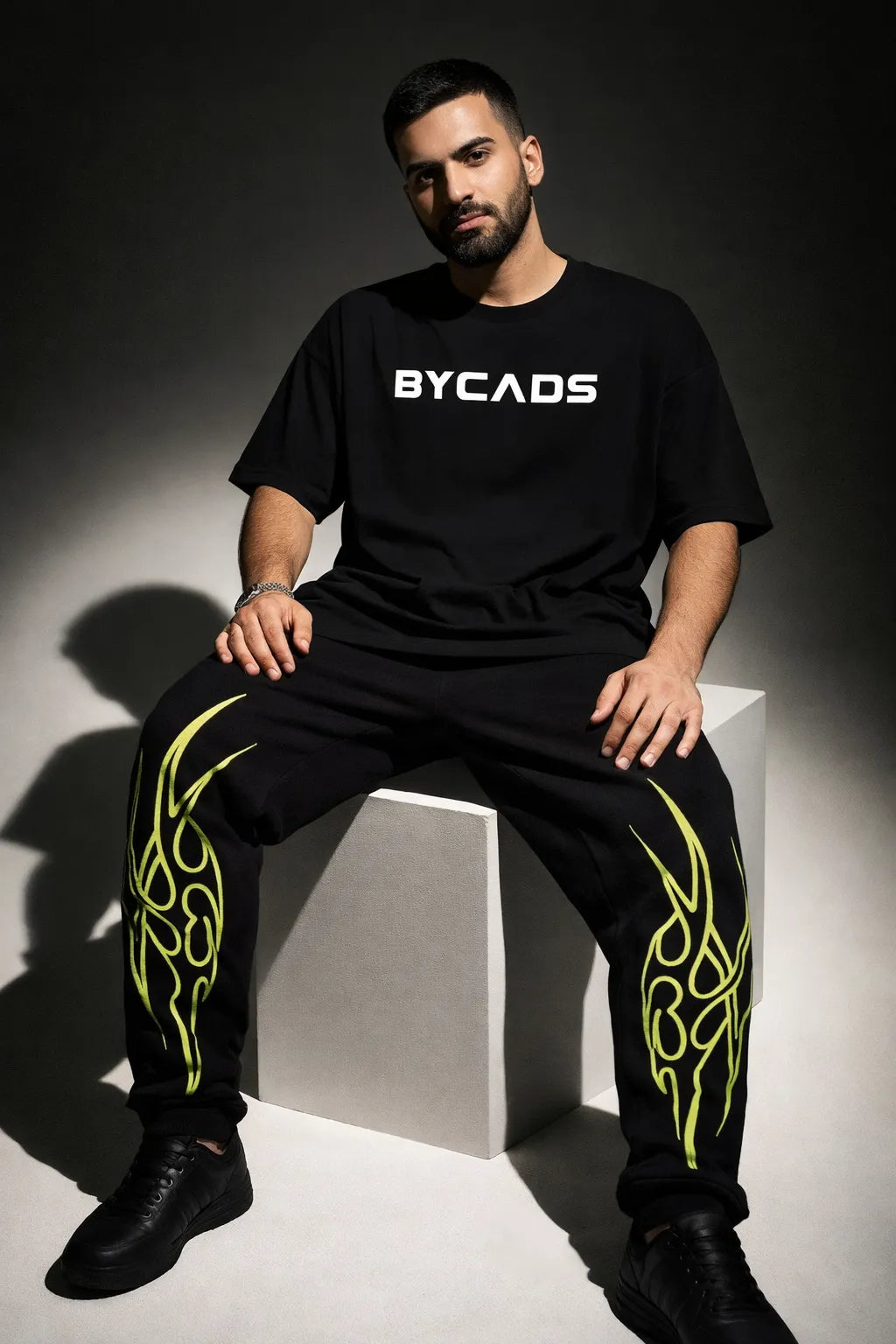 BYCADS Neon Tribal Flame Black Joggers – Glow Streetwear Graphic Lower