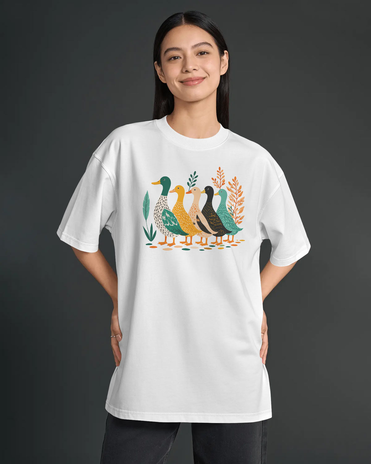 BYCADS Women’s Oversized White Graphic T-Shirt | Premium Duck Print Cotton Blend t-shirt