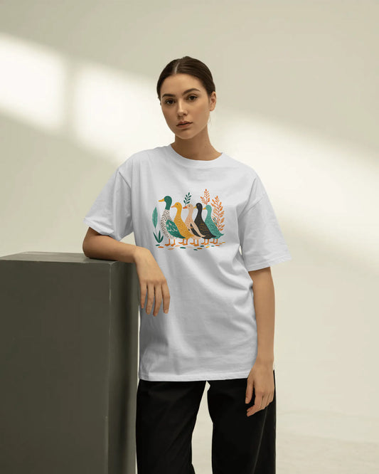 BYCADS Women’s Oversized White Graphic T-Shirt | Premium Duck Print Cotton Blend t-shirt