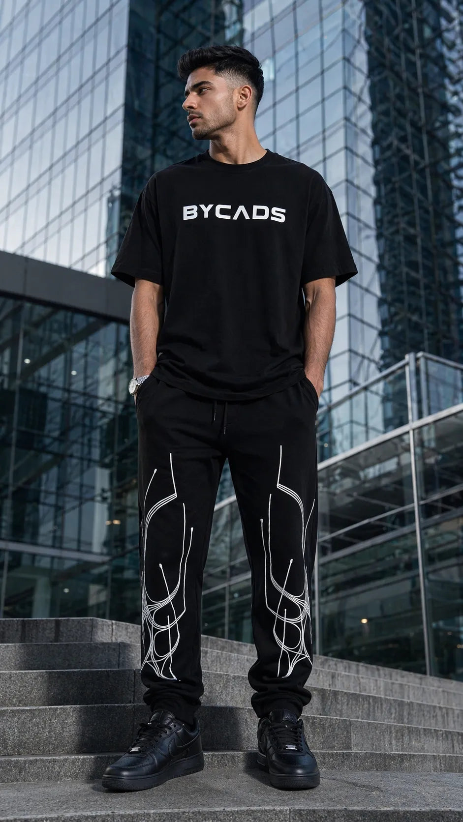BYCADS Abstract Line Graphic Black Joggers – Minimal Streetwear Lower Pants