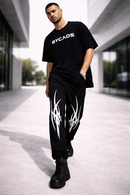 BYCADS Tribal Flame Spike Black Joggers – Bold Streetwear Graphic Lower