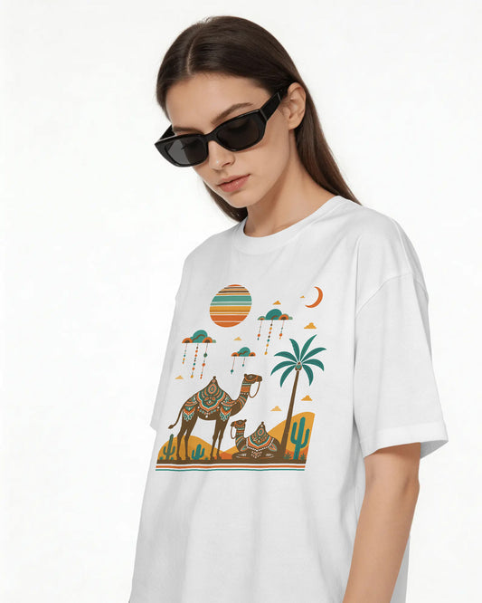 Women’s Oversized Blend Cotton Graphic T-Shirt – White | Relaxed Fit Casual Tee