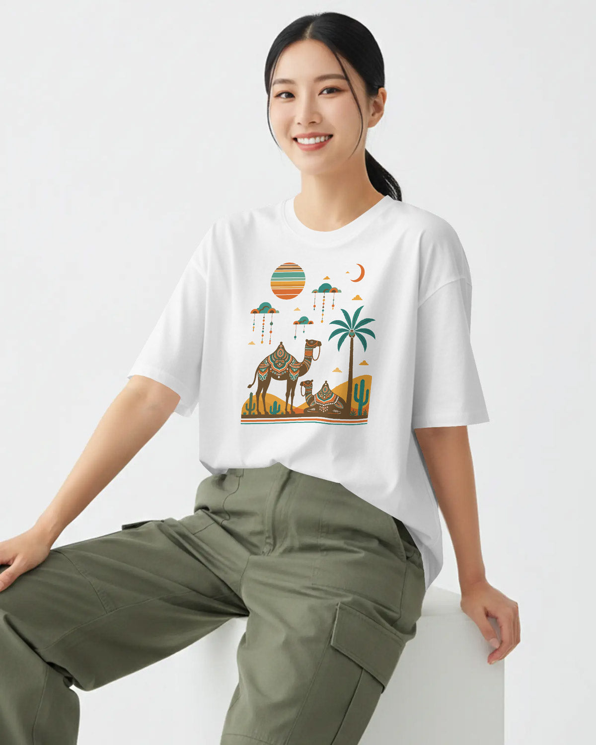 Women’s Oversized Blend Cotton Graphic T-Shirt – White | Relaxed Fit Casual Tee