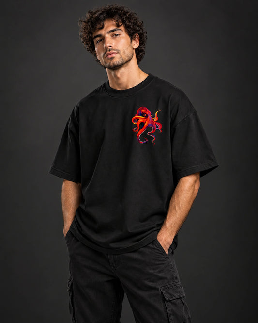 BYCADS Octopus Oversized Black T-Shirt | 100% Cotton 240 GSM Unisex Graphic Streetwear Tee