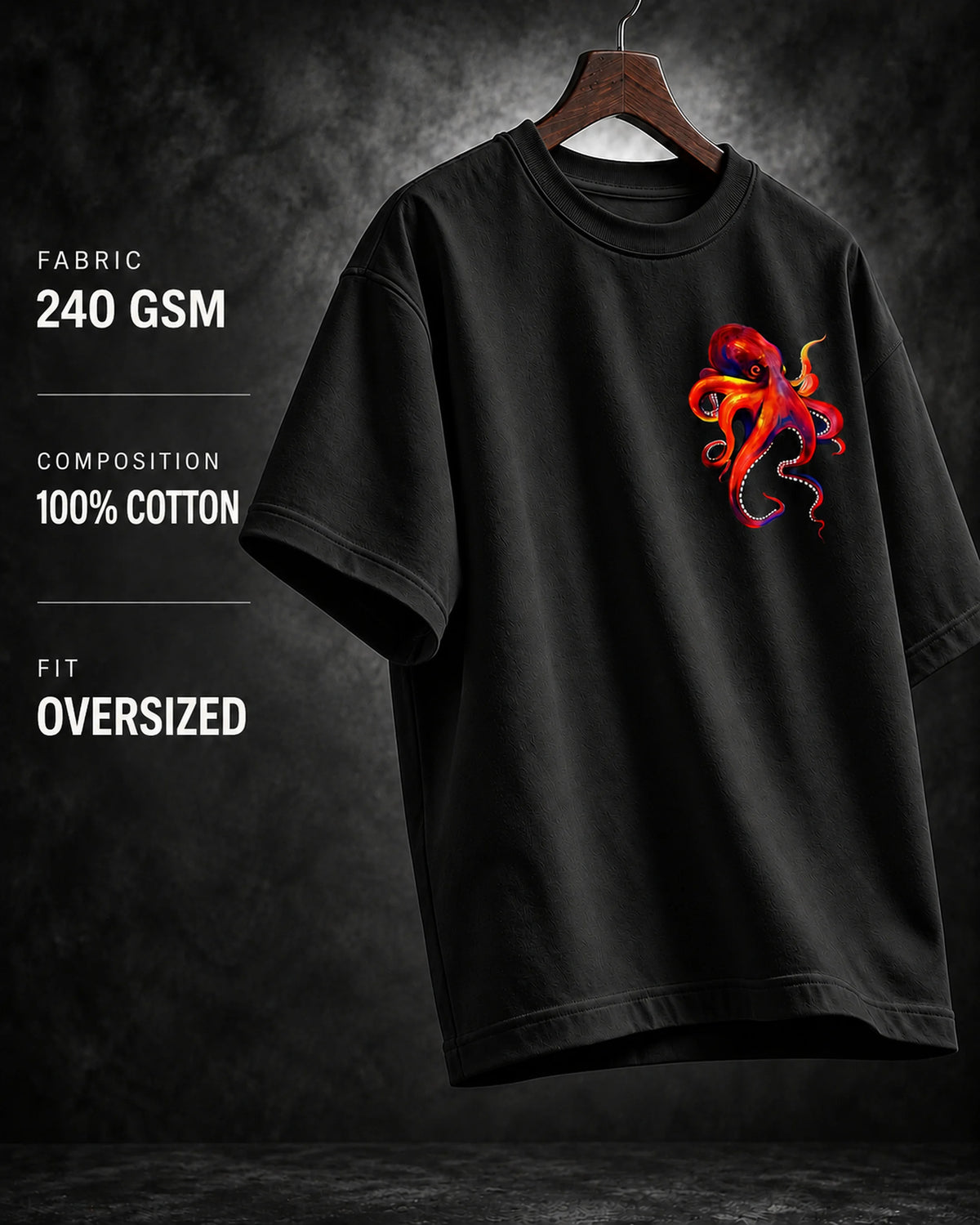 BYCADS Octopus Oversized Black T-Shirt | 100% Cotton 240 GSM Unisex Graphic Streetwear Tee
