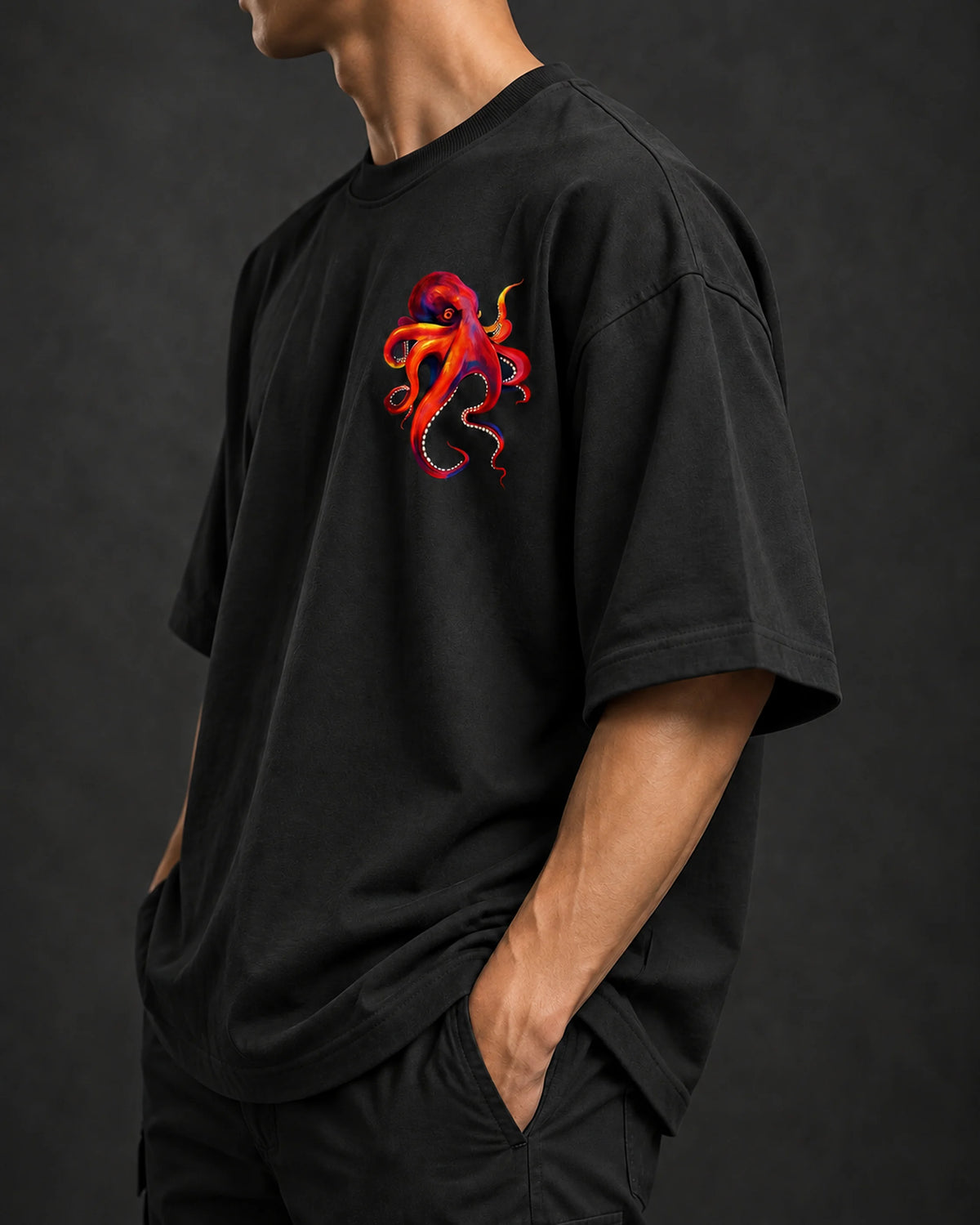 BYCADS Octopus Oversized Black T-Shirt | 100% Cotton 240 GSM Unisex Graphic Streetwear Tee