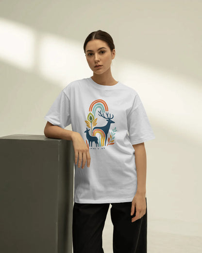 Women’s Oversized White Graphic T-Shirt | Deer & Rainbow Print | BYCADS