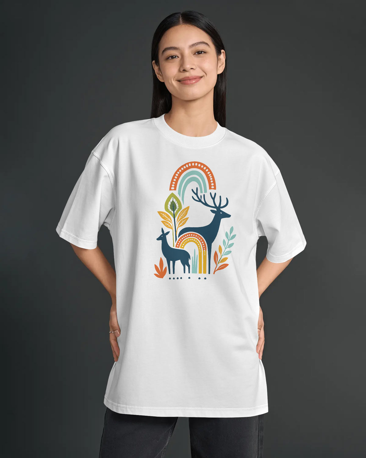 Women’s Oversized White Graphic T-Shirt | Deer & Rainbow Print | BYCADS