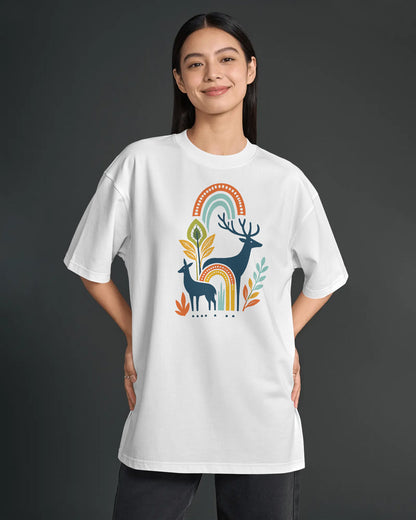 Women’s Oversized White Graphic T-Shirt | Deer & Rainbow Print | BYCADS