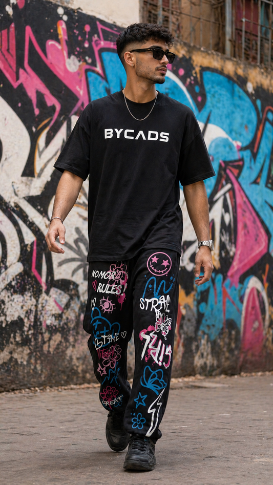 BYCADS Graffiti Street Art Black Joggers – Color Splash Graphic Lower Pants