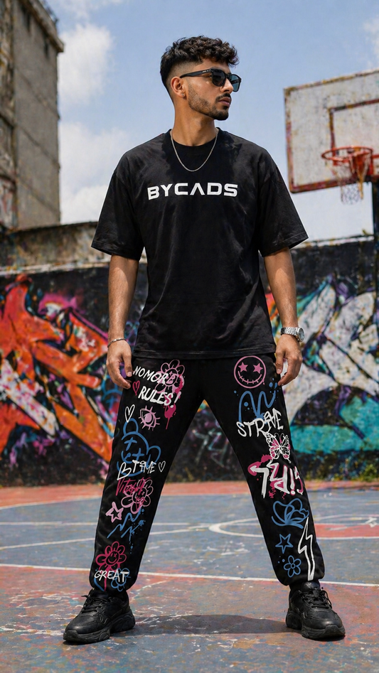 BYCADS Graffiti Street Art Black Joggers – Color Splash Graphic Lower Pants