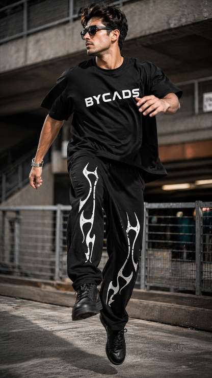 BYCADS Tribal Flame Graphic Black Joggers – Streetwear Statement Lower