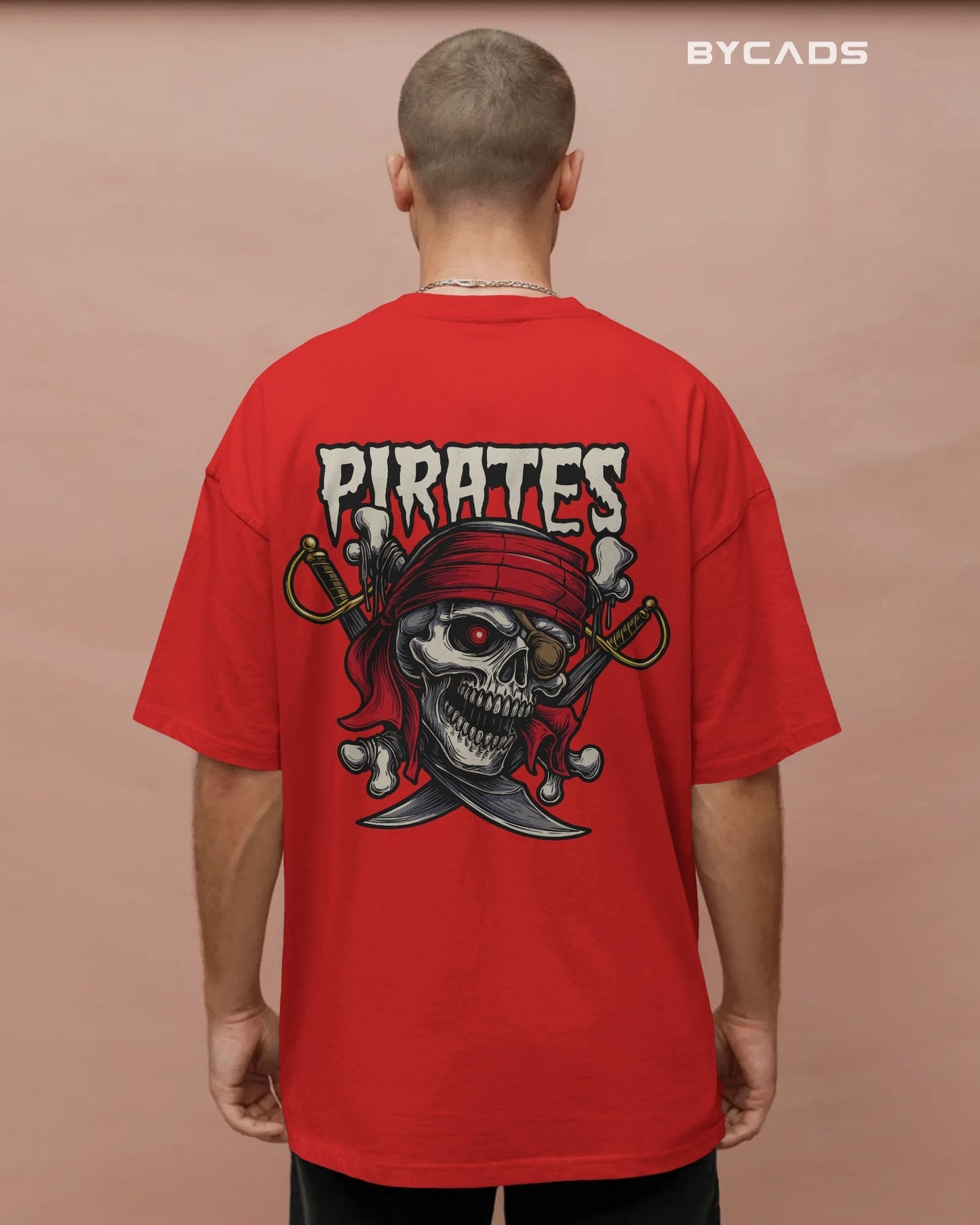 Pirate Skull Oversized T-Shirt for Men – Red Bandana & Swords Graphic by Bycads