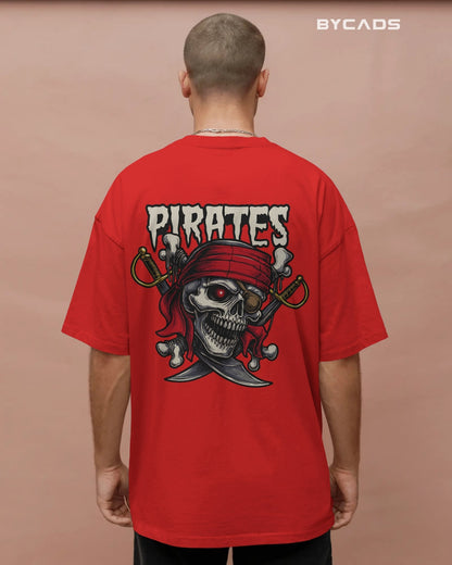 Pirate Skull Oversized T-Shirt for Men – Red Bandana & Swords Graphic by Bycads