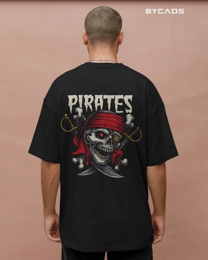 Pirate Skull Oversized T-Shirt for Men – Red Bandana & Swords Graphic by Bycads