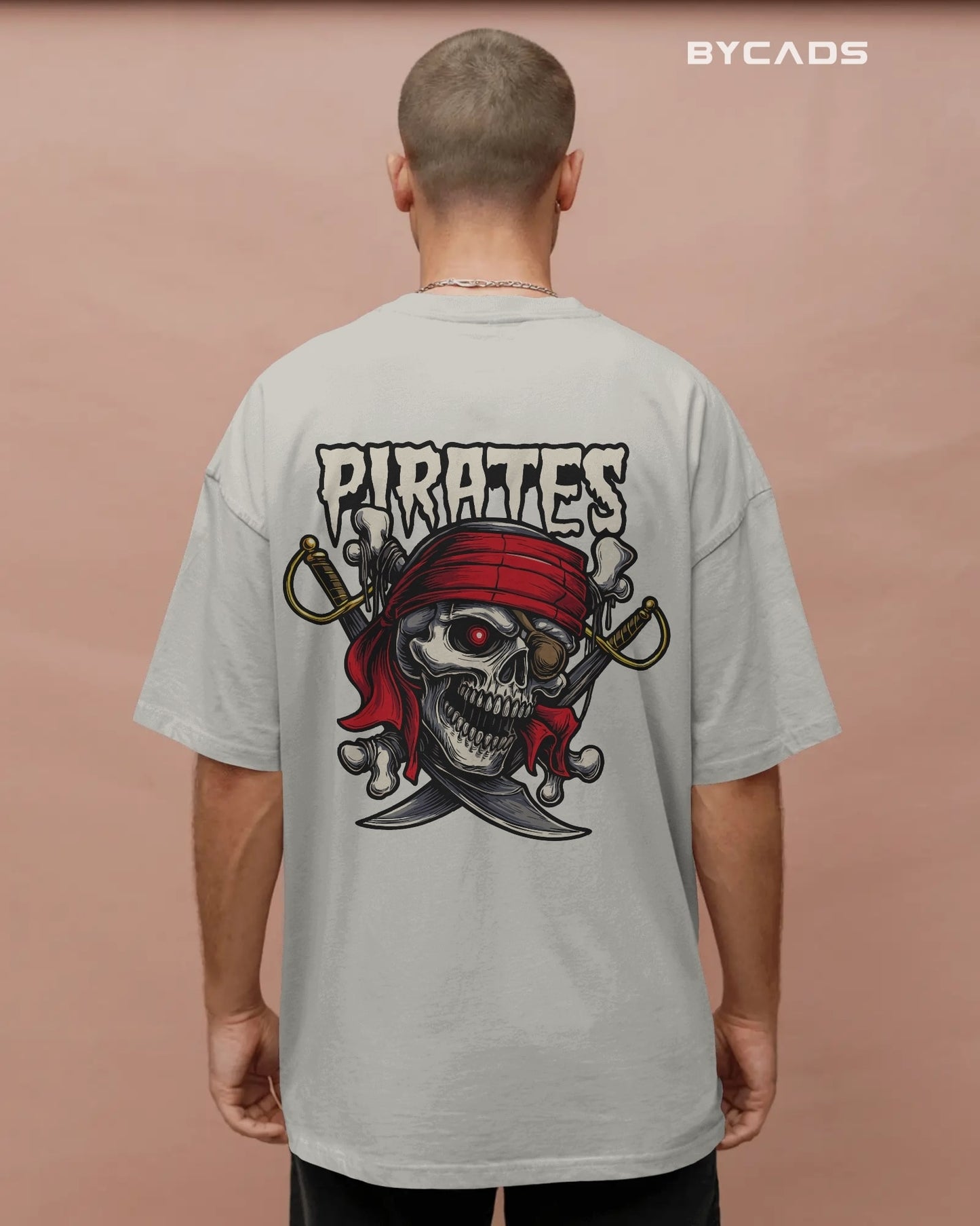 Pirate Skull Oversized T-Shirt for Men – Red Bandana & Swords Graphic by Bycads