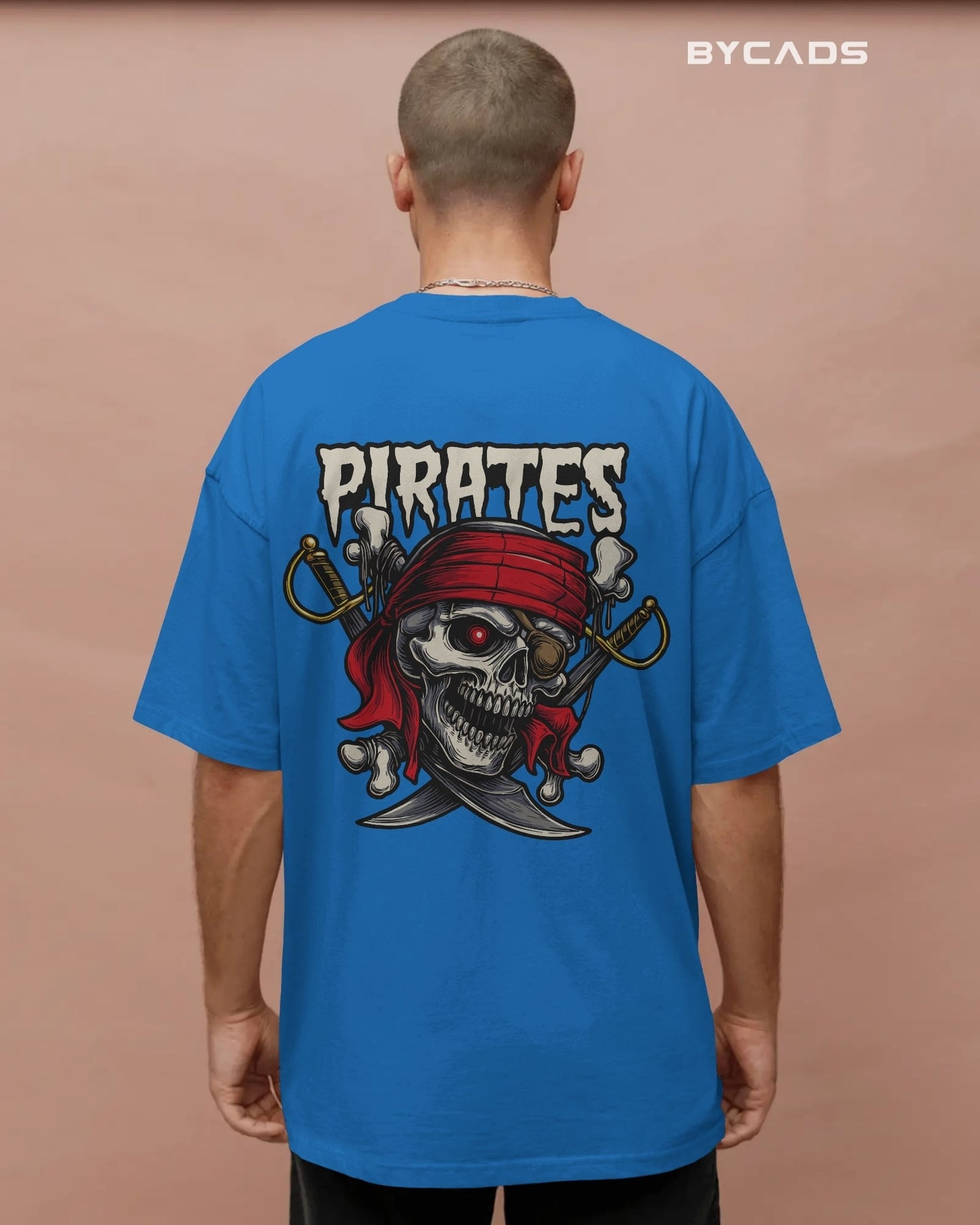Pirate Skull Oversized T-Shirt for Men – Red Bandana & Swords Graphic by Bycads