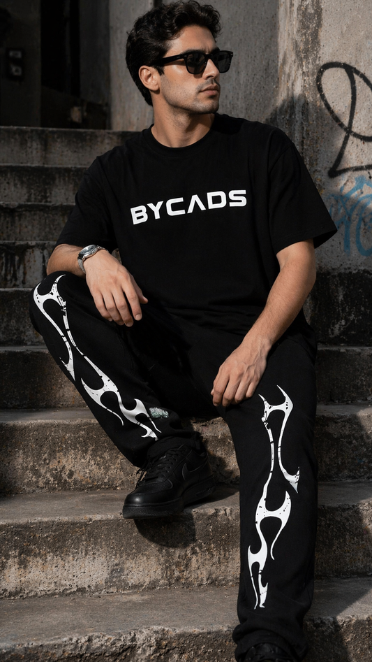 BYCADS Tribal Flame Graphic Black Joggers – Streetwear Statement Lower