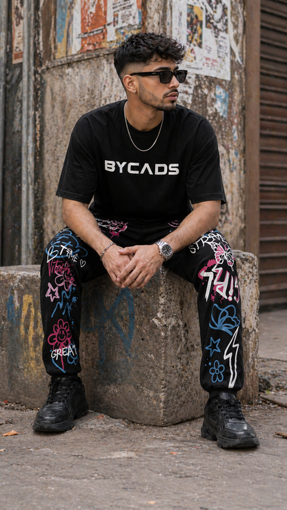 BYCADS Graffiti Street Art Black Joggers – Color Splash Graphic Lower Pants