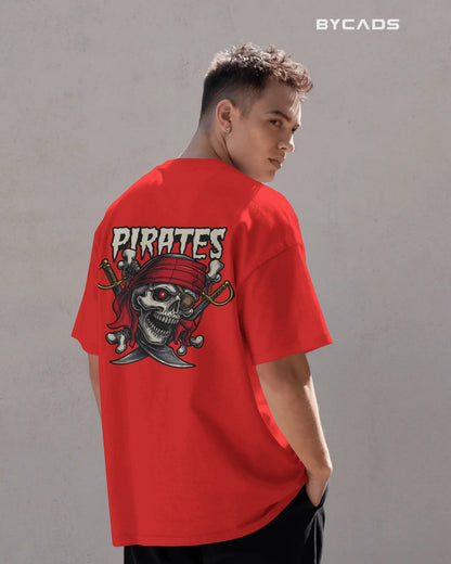 Pirate Skull Oversized T-Shirt for Men – Red Bandana & Swords Graphic by Bycads