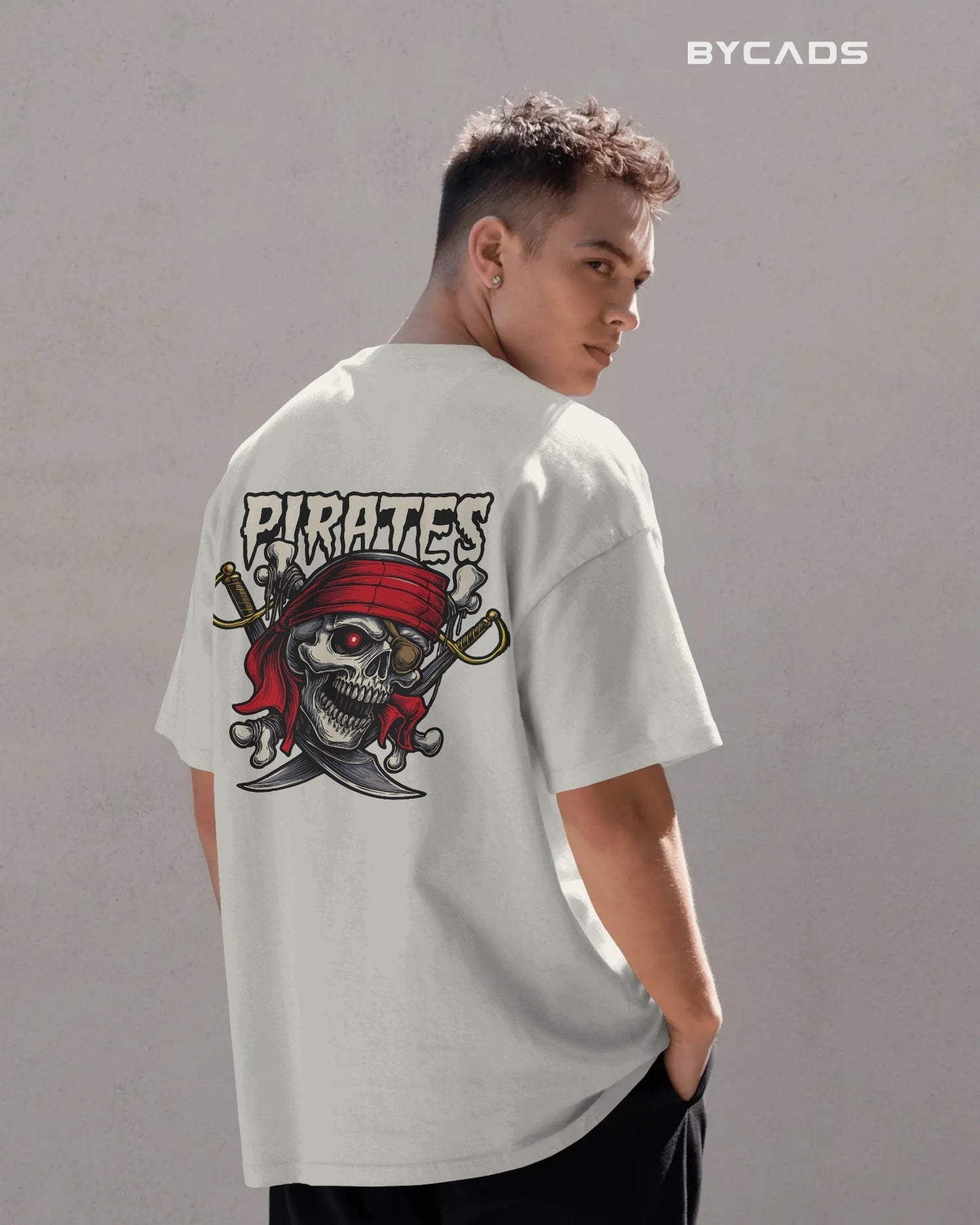 Pirate Skull Oversized T-Shirt for Men – Red Bandana & Swords Graphic by Bycads