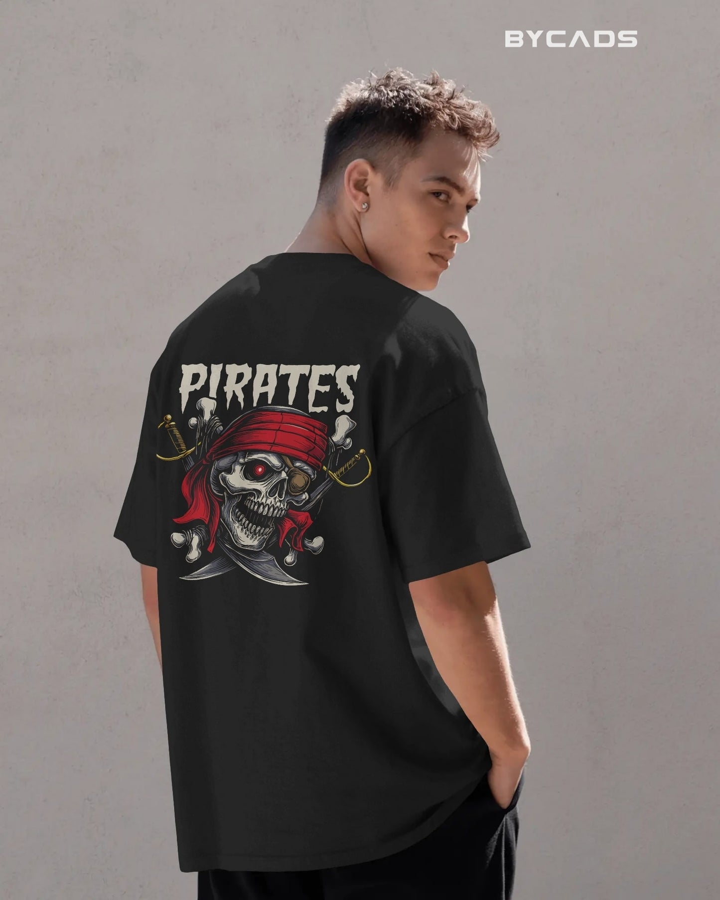 Pirate Skull Oversized T-Shirt for Men – Red Bandana & Swords Graphic by Bycads