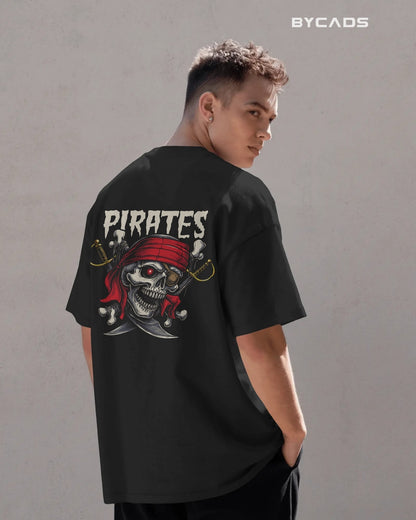 Pirate Skull Oversized T-Shirt for Men – Red Bandana & Swords Graphic by Bycads