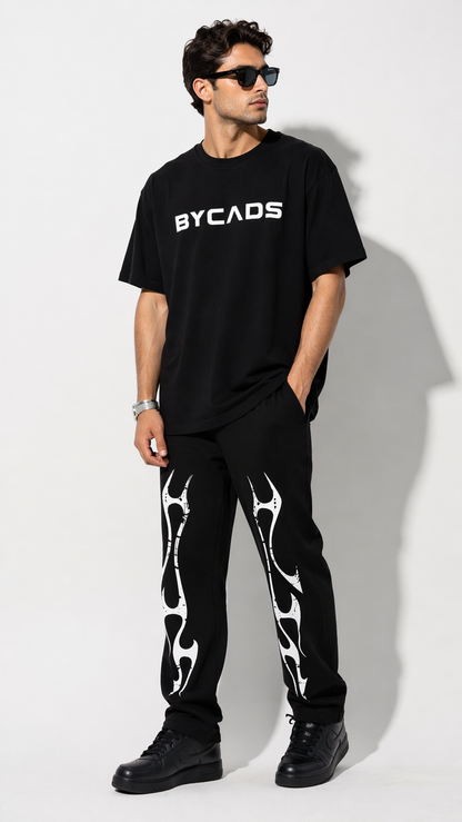 BYCADS Tribal Flame Graphic Black Joggers – Streetwear Statement Lower