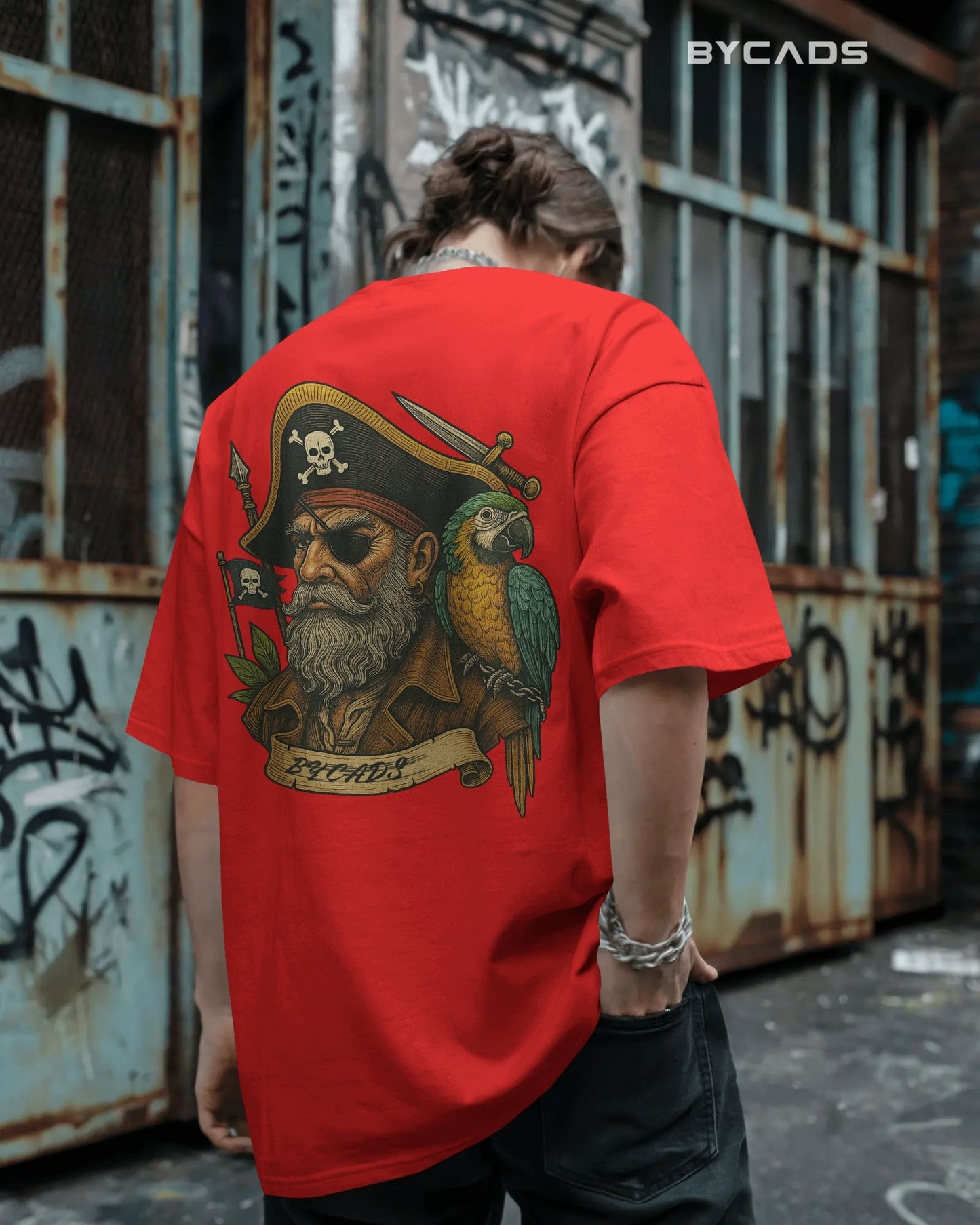 Vintage Pirate Captain Oversized T-Shirt – Parrot & Skull Art by Bycads