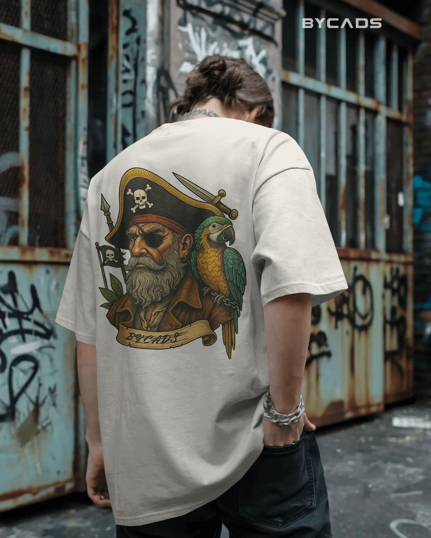 Vintage Pirate Captain Oversized T-Shirt – Parrot & Skull Art by Bycads