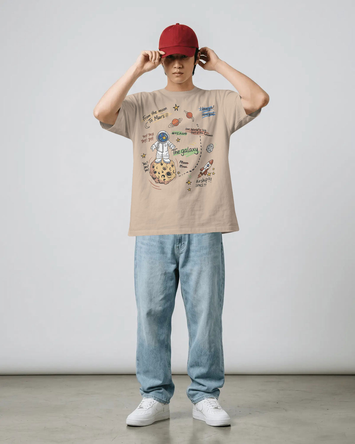 BYCADS Galaxy Explorer Typography Collection Oversized T-Shirt | Cotton Blend Relaxed-Fit Drop Shoulder Graphic Printed t-shirt