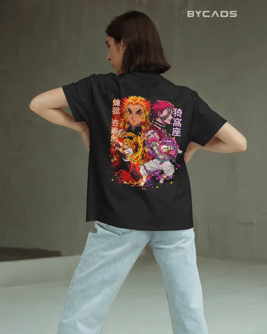 BYCADS "Set Your Heart Ablaze" Rengoku vs. Akaza Anime Graphic Regular-Fit Cotton Blend T-Shirt