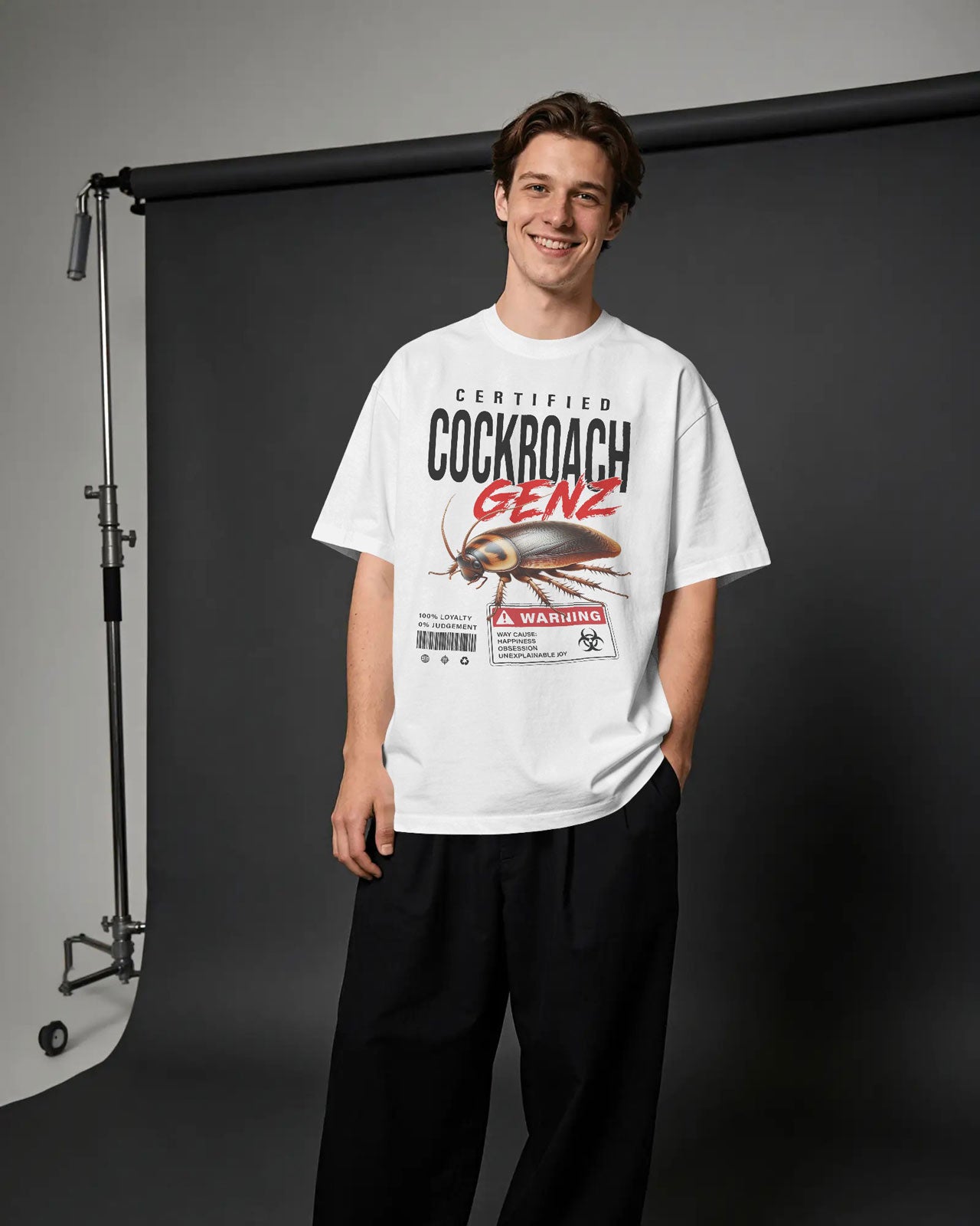 BYCADS Half Sleeve Round Neck Cotton Blend Graphic Print Certified Cockroach GENZ Oversized T-Shirt