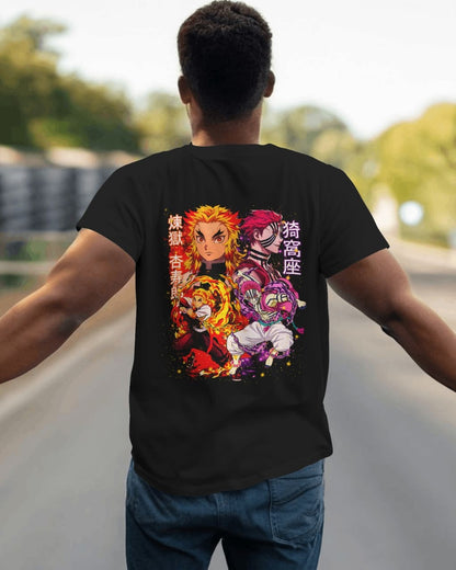 BYCADS "Set Your Heart Ablaze" Rengoku vs. Akaza Anime Graphic Regular-Fit Cotton Blend T-Shirt