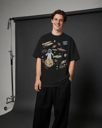 BYCADS Galaxy Explorer Typography Collection Oversized T-Shirt | Cotton Blend Relaxed-Fit Drop Shoulder Graphic Printed t-shirt