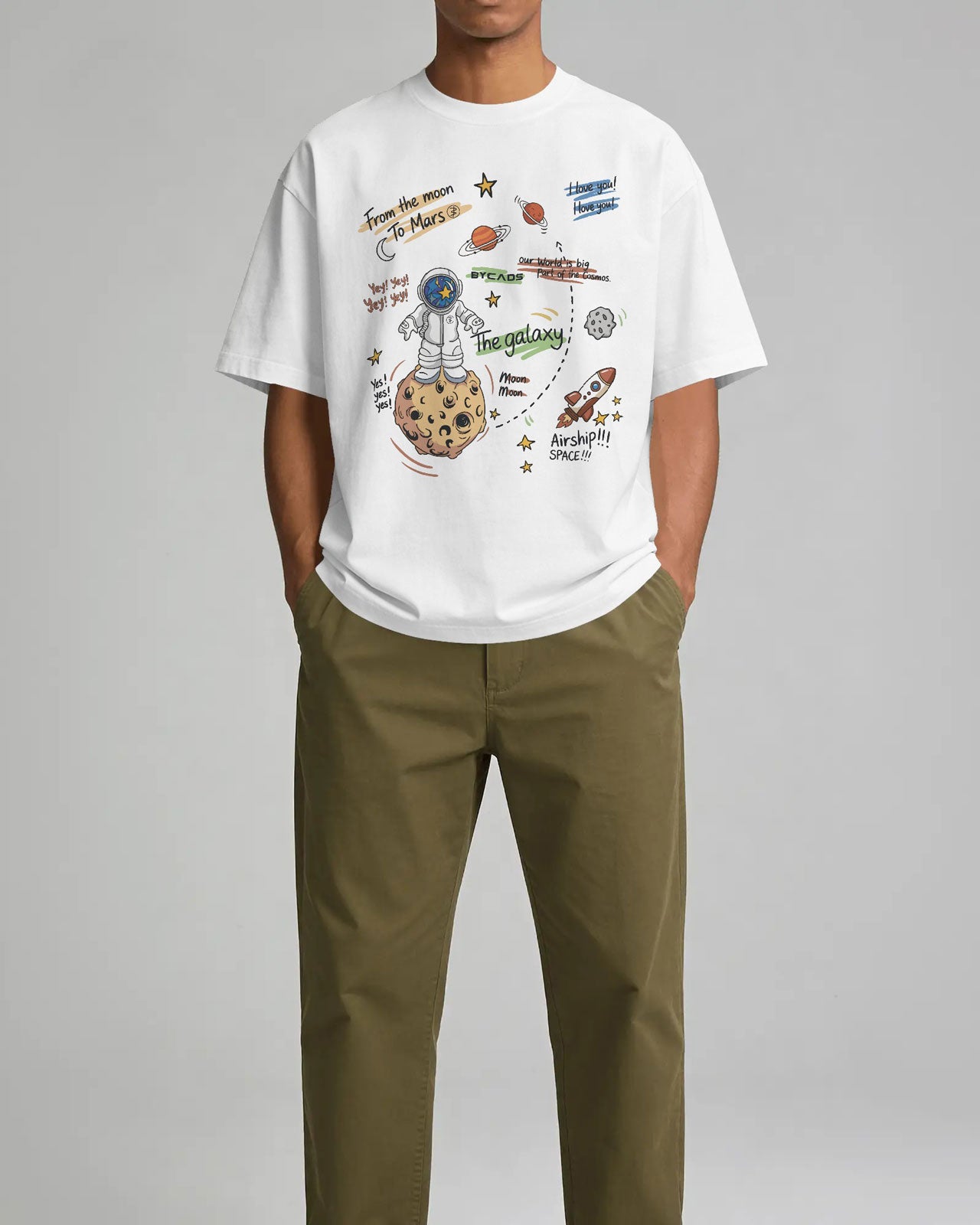 BYCADS Galaxy Explorer Typography Collection Oversized T-Shirt | Cotton Blend Relaxed-Fit Drop Shoulder Graphic Printed t-shirt