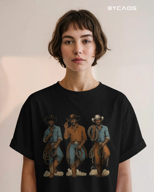 Rodeo Trio Cowboy Oversized T-Shirt for Men – Western Lasso Graphic by Bycads