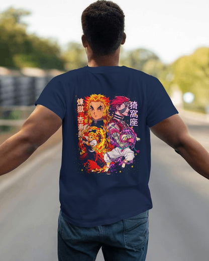 BYCADS "Set Your Heart Ablaze" Rengoku vs. Akaza Anime Graphic Regular-Fit Cotton Blend T-Shirt