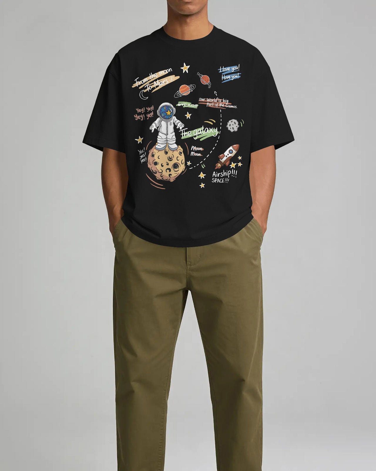 BYCADS Galaxy Explorer Typography Collection Oversized T-Shirt | Cotton Blend Relaxed-Fit Drop Shoulder Graphic Printed t-shirt