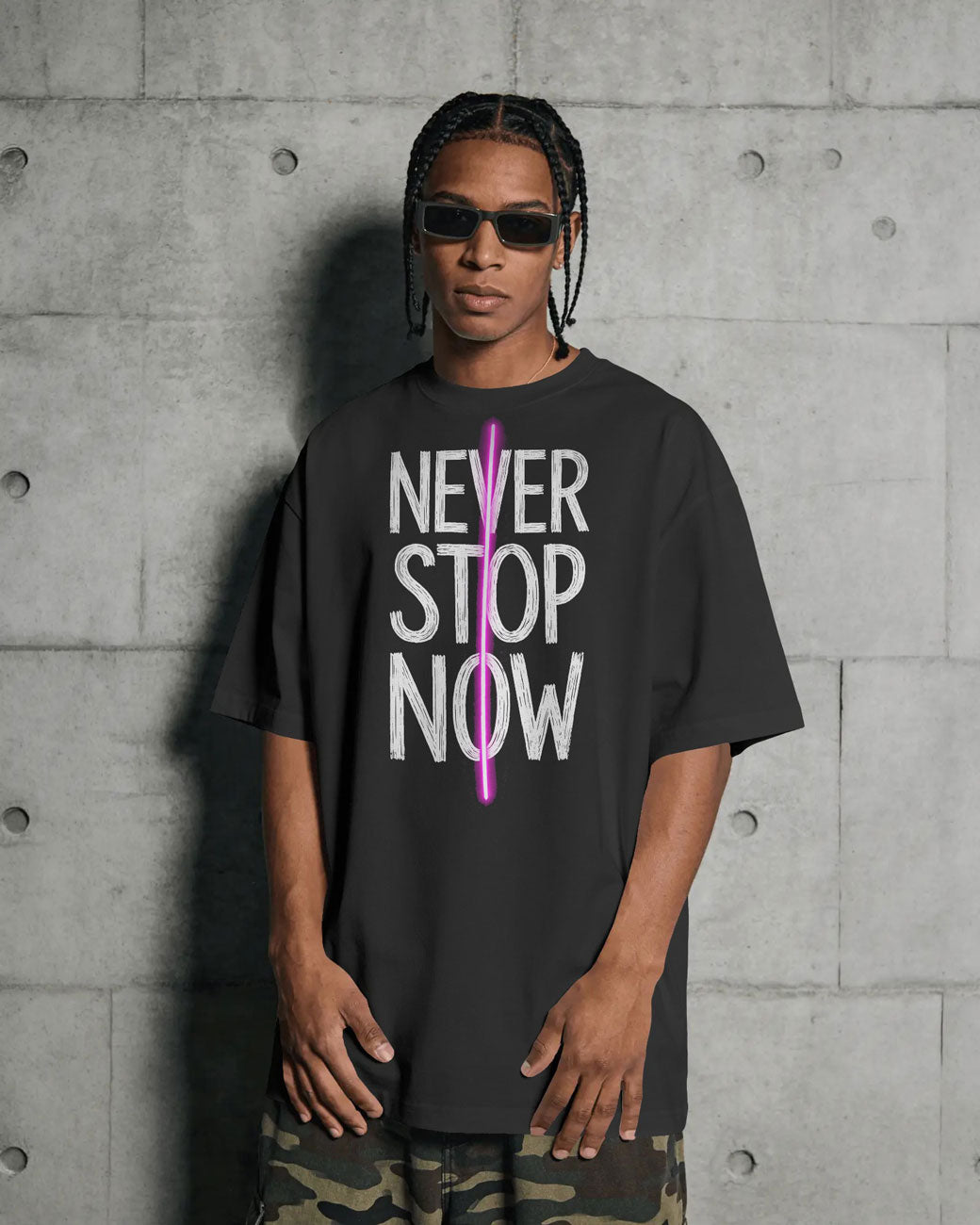 Never Stop Now Neon Line Graphic Oversized cotton blend T-Shirt - BYCADS