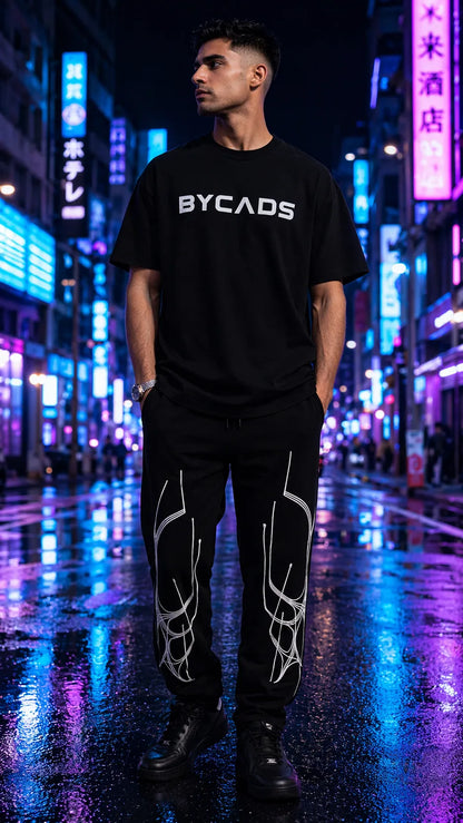 BYCADS Abstract Line Graphic Black Joggers – Minimal Streetwear Lower Pants