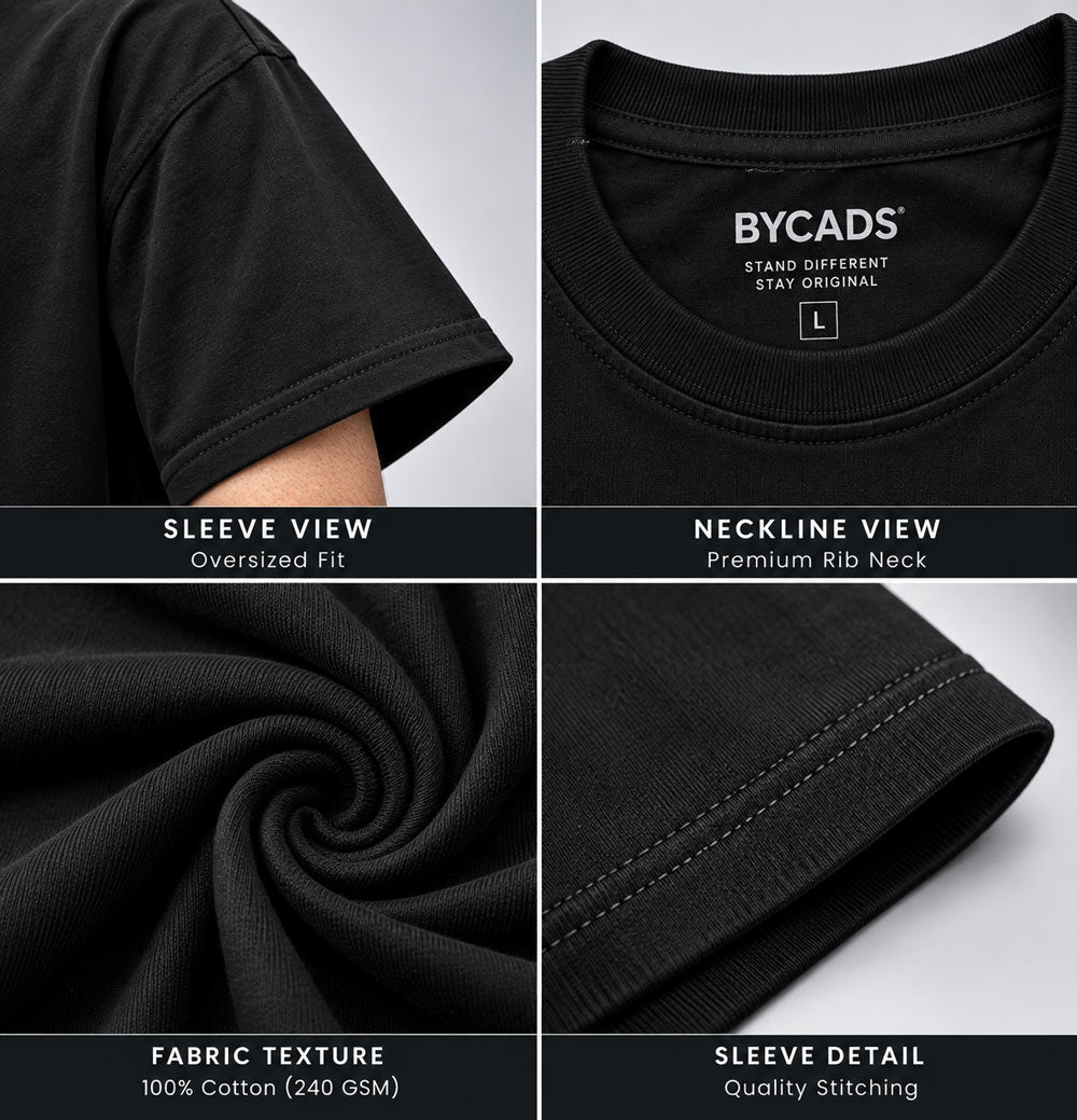 BYCADS Black Oversized T-Shirt | 100% Cotton 240 GSM Heavyweight Streetwear Tee | Premium Drop Shoulder T-Shirt