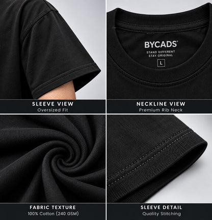 BYCADS Black Oversized T-Shirt | 100% Cotton 240 GSM Heavyweight Streetwear Tee | Premium Drop Shoulder T-Shirt