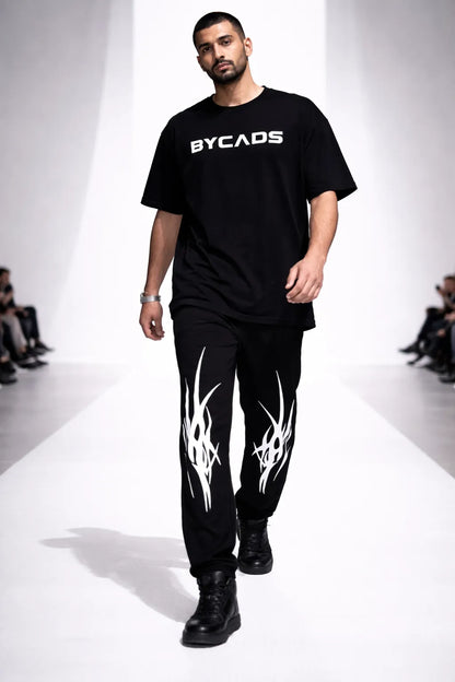 BYCADS Tribal Flame Spike Black Joggers – Bold Streetwear Graphic Lower