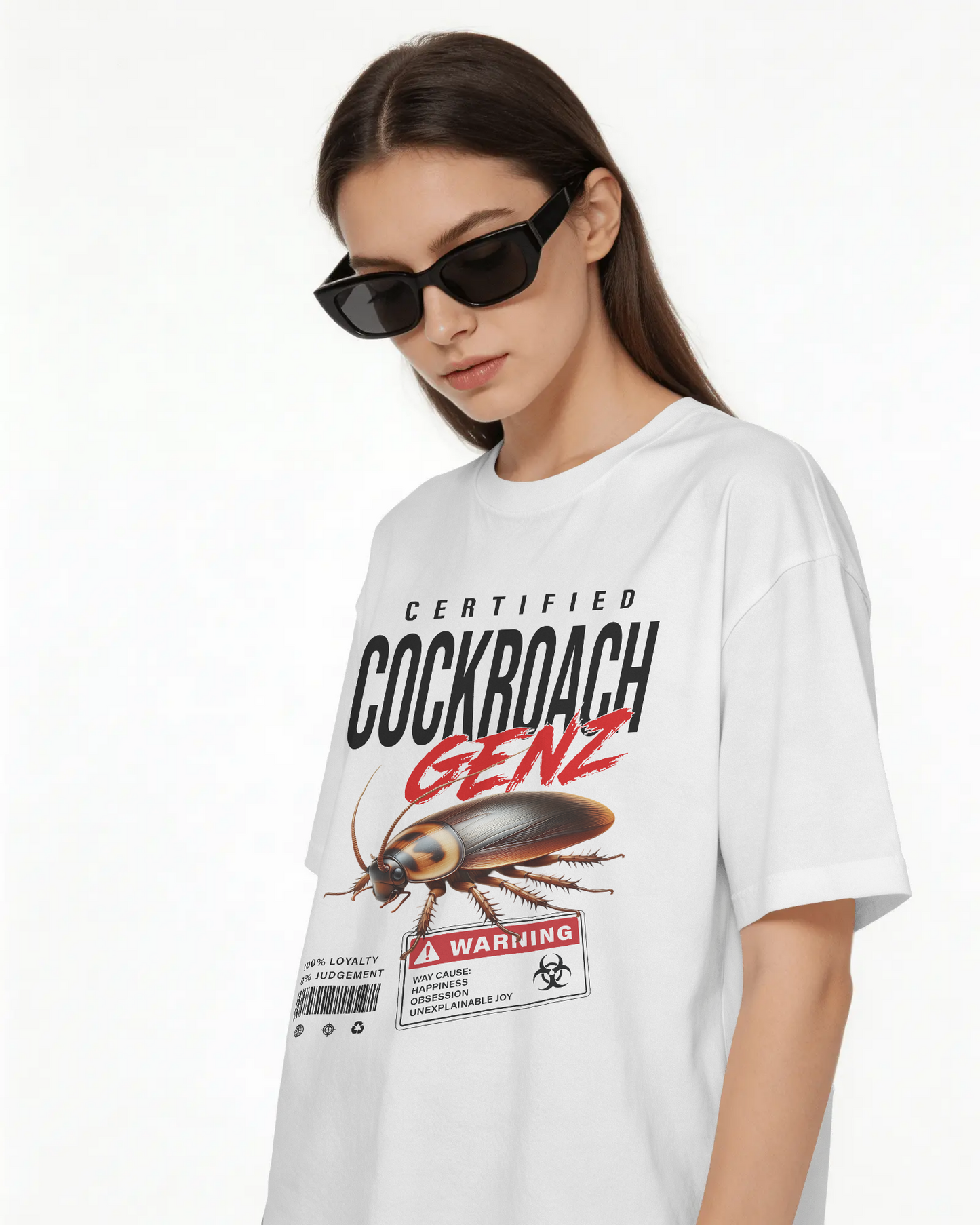 BYCADS Half Sleeve Round Neck Cotton Blend Graphic Print Certified Cockroach GENZ Oversized T-Shirt