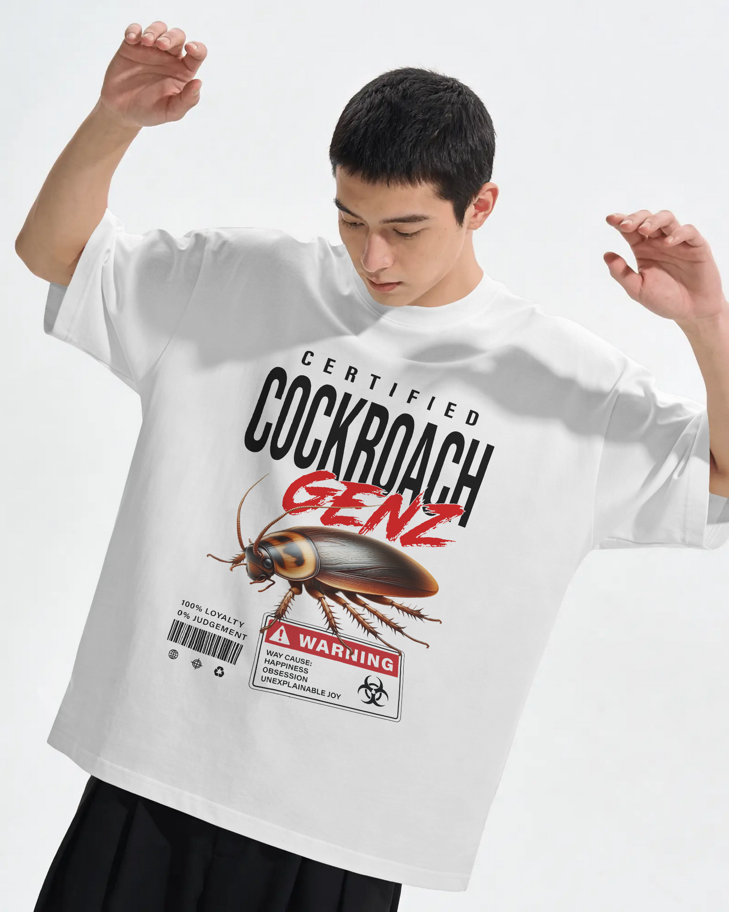 BYCADS Half Sleeve Round Neck Cotton Blend Graphic Print Certified Cockroach GENZ Oversized T-Shirt