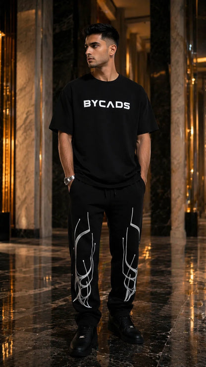 BYCADS Abstract Line Graphic Black Joggers – Minimal Streetwear Lower Pants