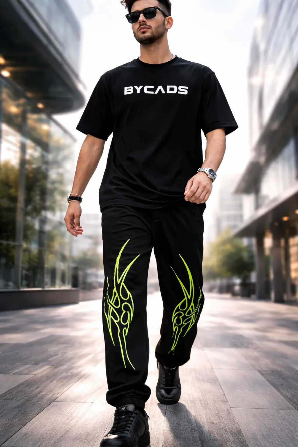 BYCADS Neon Tribal Flame Black Joggers – Glow Streetwear Graphic Lower